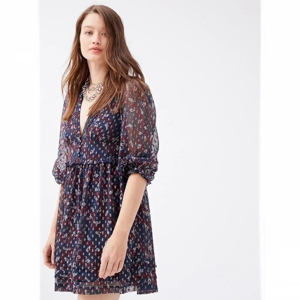 Urban Outfitters Navy Metallic Patterned Flowy Chiffon Mini Dress